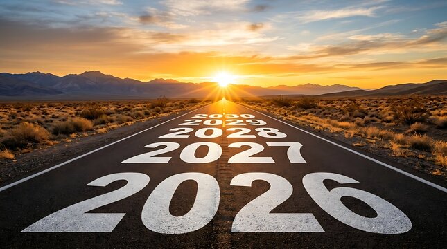 Road stretching towards sunrise with years 2026 2027 2028 2029 2030 marking pathway for future new year business goals success.