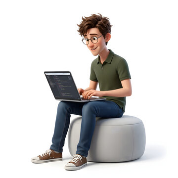 Animated young programmer wearing glasses sits on a round white stool while typing on his laptop