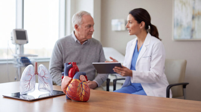 Doctor Consulting Senior Patient With Heart and Lung Anatomy Models