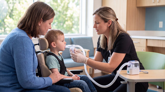 Pediatric Nurse Administering Nebulizer Therapy to Disabled Child