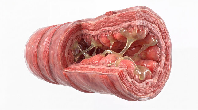 Cutaway 3D Model of Narrowed Bronchiole With Swollen Mucosa and Mucus