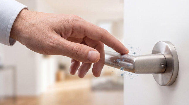 Close Up of Hand Touching Virus Contaminated Metal Doorknob