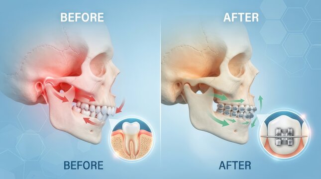Orthodontic treatment process showing tooth position correction and jaw alignment before and after.