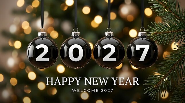 Four black christmas ornaments with 2027 numbers hanging in front of blurred tree lights, celebrating christmas and new year.