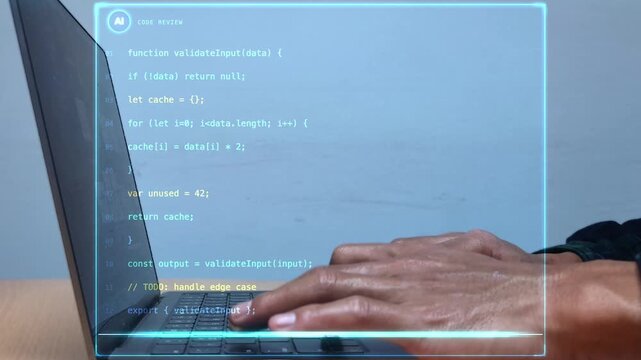 Programmer working on a laptop with an AI code review interface, showing source code analysis, input validation, error checking, and software development support.