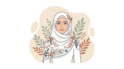 Obraz premium Woman wearing a floral patterned hijab stands gracefully against a soft neutral background surrounded by delicate botanical illustrations.