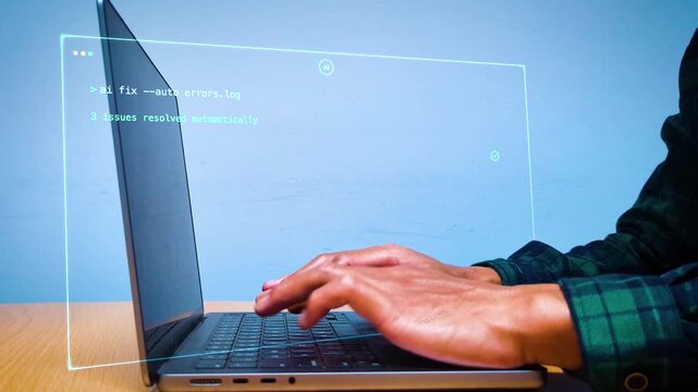 Programmer hand typing on laptop keyboard projecting AI coding assistant interface. Digital software automation processing bug fixing and application deployment workflow.