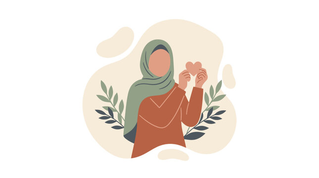 Graphic vector illustration of a woman in a hijab holding a paper heart shape symbolizing love, care, and emotional well-being.