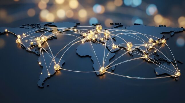 Global network connections illuminate the world map at night