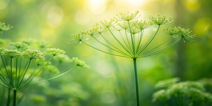 Serene Green Umbel Bloom in Soft Sunlight, Delicate Floral Structure in a Lush Natural Setting