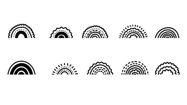 Set of hand-drawn minimalist black rainbows and half circles illustration isolated on transparent background, perfect for nursery decor and modern design