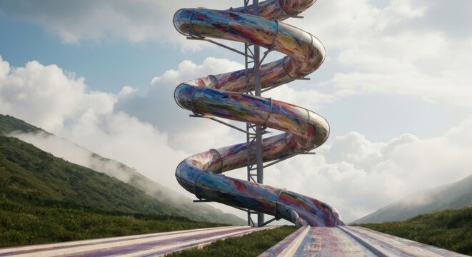 Colorful waterslide spirals down a lush hillside under a bright sky