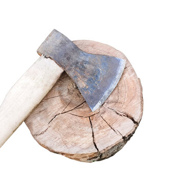 Worn axe on a cracked wooden log against a white background.