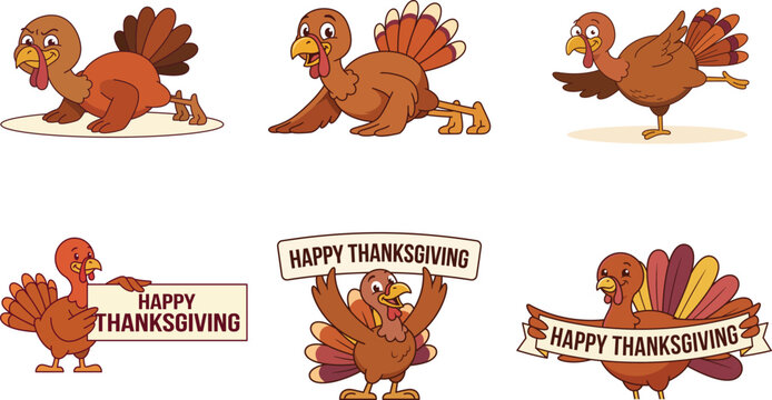 A collection of cute cartoon characters featuring a happy thanksgiving turkey set for holiday greeting card designs