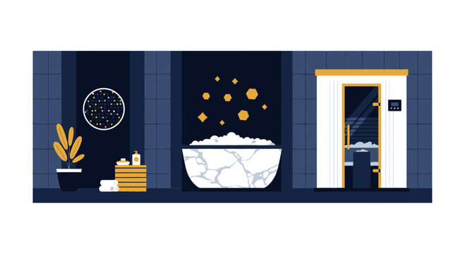 Modern Luxury Spa Interior Illustration with Sauna and Marble Bathtub