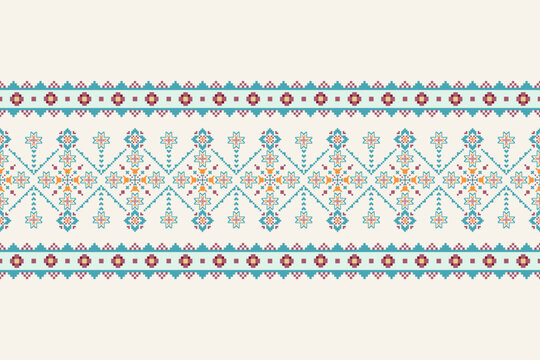Seamless pixel art border pattern with geometric floral motifs in teal, pink, orange, and cream, arranged as a decorative horizontal band for textile, fabric, wallpaper, and surface design.
