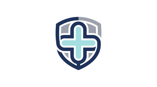 Healthcare shield logo with integrated cross symbol displayed cleanly on a solid white studio background.