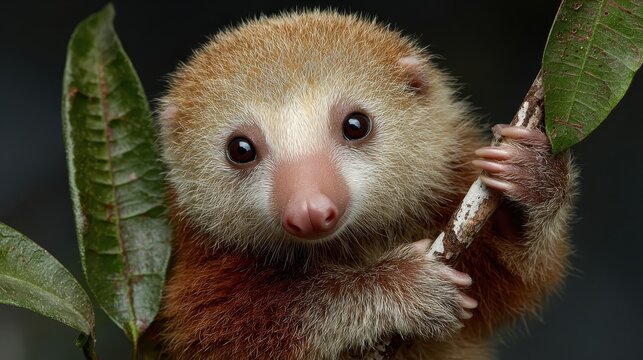 A charismatic, close-up view of a Kinkajou clinging to a branch, showcasing its endearing expression and furry texture against a soft, blurred background