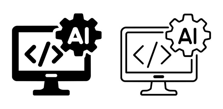 Ai coding and software development icon set featuring computer monitor with code brackets and artificial intelligence gear symbol