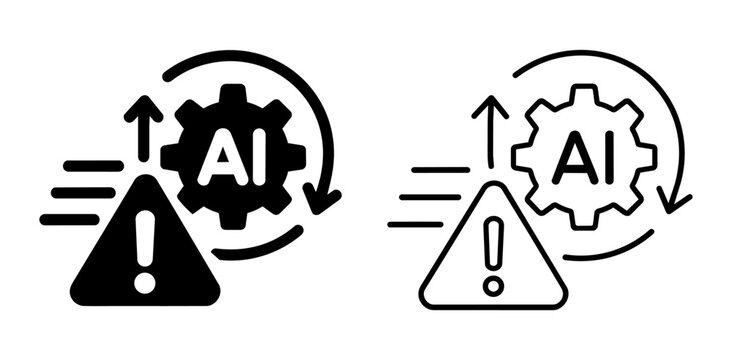 Artificial intelligence risk and warning icon set, ai technology danger sign, machine learning error or alert symbol