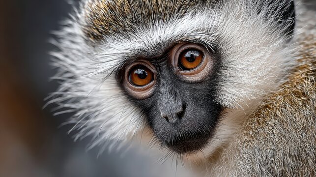 Vervet monkey close-up: captivating face, amber eyes, monochrome features, intelligent gaze. Wildlife portrait showcasing primate's unique beauty