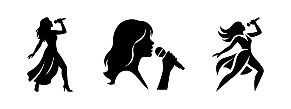 Female singer with microphone silhouettes. Music performance icons for concert, stage, and entertainment themes.
