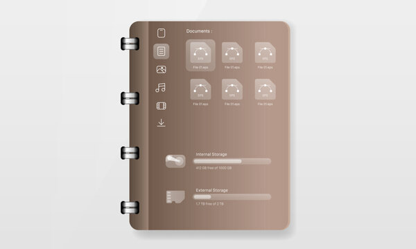 Digital notebook file manager UI mockup showing vector document files and storage status