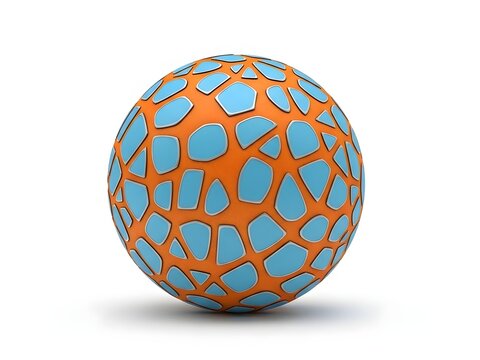 Isolated orange sphere with light blue tessellated pattern on white background