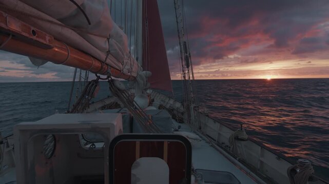 Expeditional sailing vessel moves in the Atlantic Ocean during sunrise