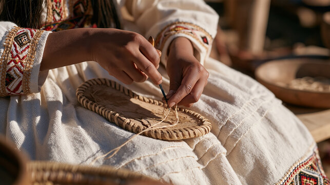 Young Peruvian woman re-soling worn leather sandal using cobbler's awl and wax thread, seated at low wooden bench, traditional shoe repair craft, handmade footwear restoration,