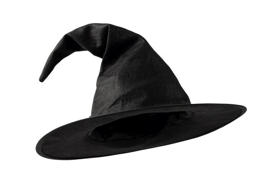 Black witch hat with pointed tip isolated on white background for halloween fun.