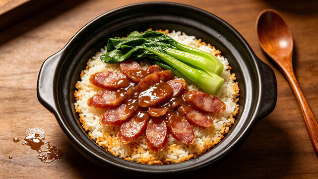 Cantonese clay pot rice with Chinese sausage lap cheong and bok choy, traditional hong kong one‑pot meal
