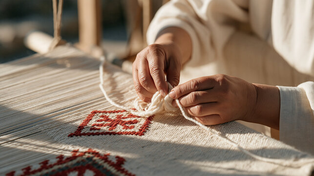 Middle aged Armenian woman carefully repatching worn kilim rug on loom using original wool yarn, traditional repair technique, geometric pattern restoration, textile heritage