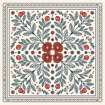Decorative folk art pattern featuring red flowers and green leaves inside a border