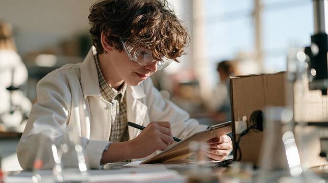 A young scientist with clipboard and goggles pretending to adjust a makeshift cardboard time machine in a cluttered university lab during pretend to be a time traveler day,