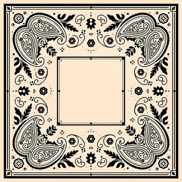 Vintage bandana pattern design with paisley motifs and floral ornaments in black and beige