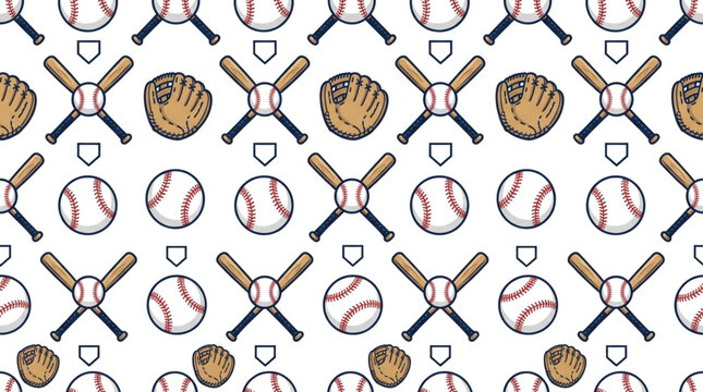 Baseball equipment seamless pattern with crossed bats balls gloves and home plate