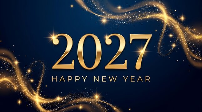 Golden 2027 numbers with glittering particles and bokeh lights celebrating happy new year on dark blue background, festive new year eve design for greeting card.