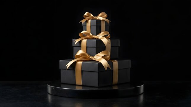 Stack of three black gift boxes with gold ribbons on a circular base