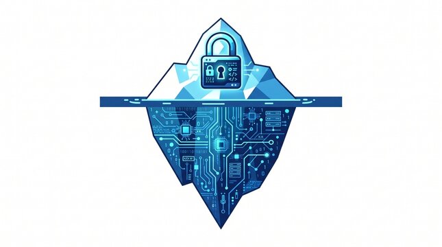 Cybersecurity iceberg concept with digital padlock, hidden data security risks illustration, deep web and network encryption technology
