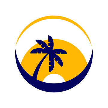 Minimalist sunset travel logo vector illustration with palm tree and arc design.