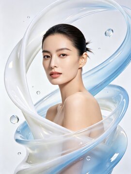 Female beauty portrait with blue white serum liquid ribbon