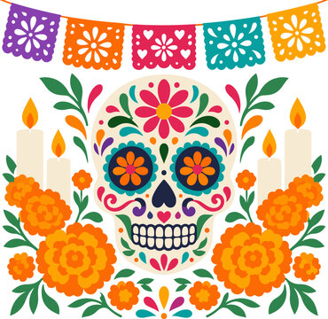 Colorful Sugar Skull with Marigolds Candles and Papel Picado