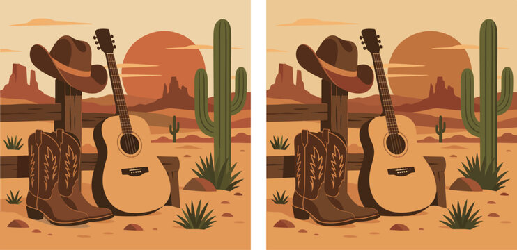 Cowboy Hat Boots and Guitar with Cactus Desert Sunset