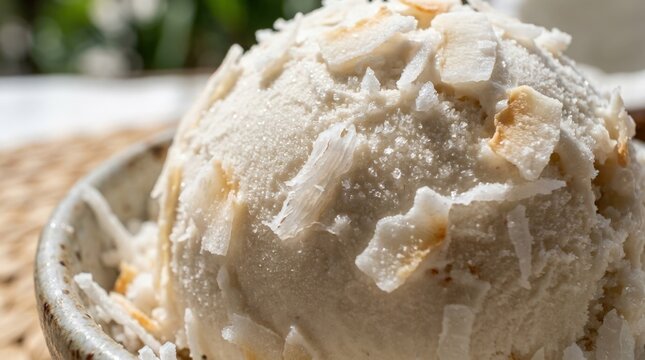 Creamy coconut ice cream topped with shredded coconut flakes