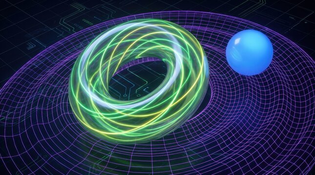 Glowing torus and blue sphere on a curved purple grid