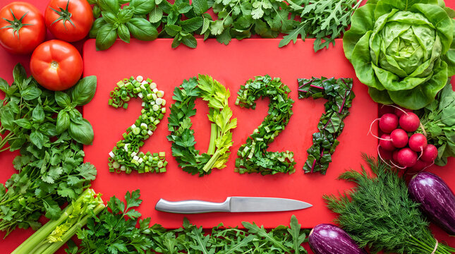 A festive flat lay arrangement featuring the numbers 2027 made from sliced greens, herbs, vegetables, and lettuce on a red board. A Christmas-themed concept for healthy, nutritious eating