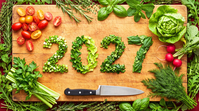 A festive flat-lay arrangement featuring the numbers 2027 made from sliced greens, vegetables, a knife, and lettuce on a wooden cutting board. A Christmas-themed concept for healthy, nutritious eating