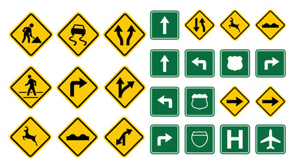 Comprehensive collection of yellow and green traffic road signs © dwi