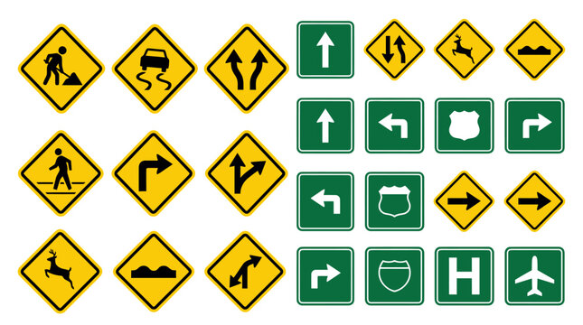 Comprehensive collection of yellow and green traffic road signs